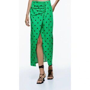 Zara Green Brown Polka Dot Linen Blend Slit Midi Skirt M